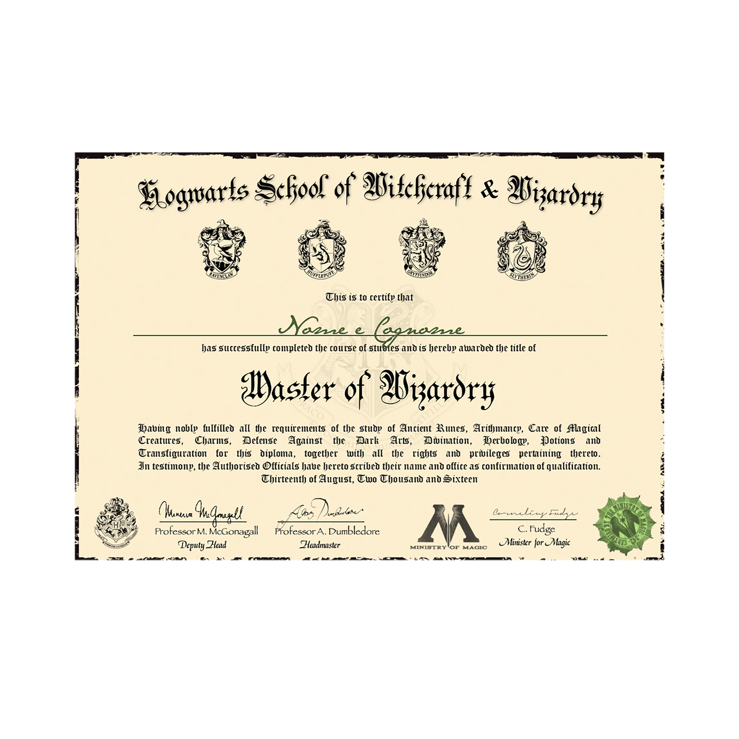 DIPLOMA SCUOLA DI MAGIA E STREGONERIA DI HOGWARTS