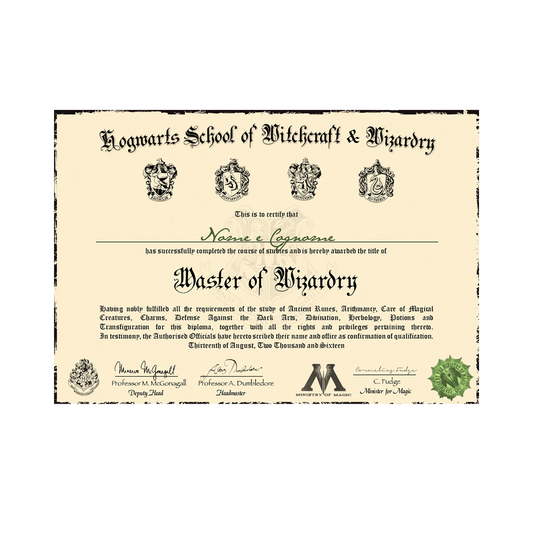 DIPLOMA SCUOLA DI MAGIA E STREGONERIA DI HOGWARTS