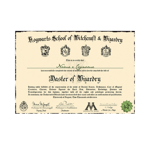DIPLOMA SCUOLA DI MAGIA E STREGONERIA DI HOGWARTS